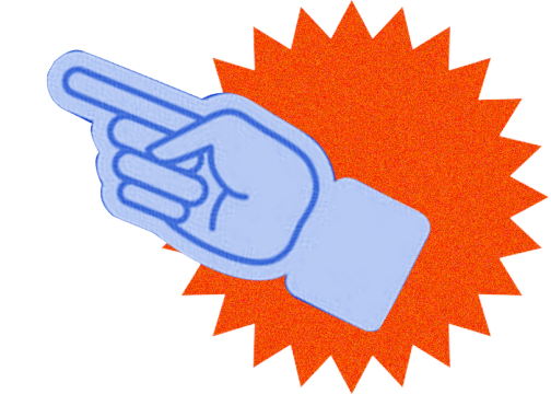 blue finger pointing left over orange burst